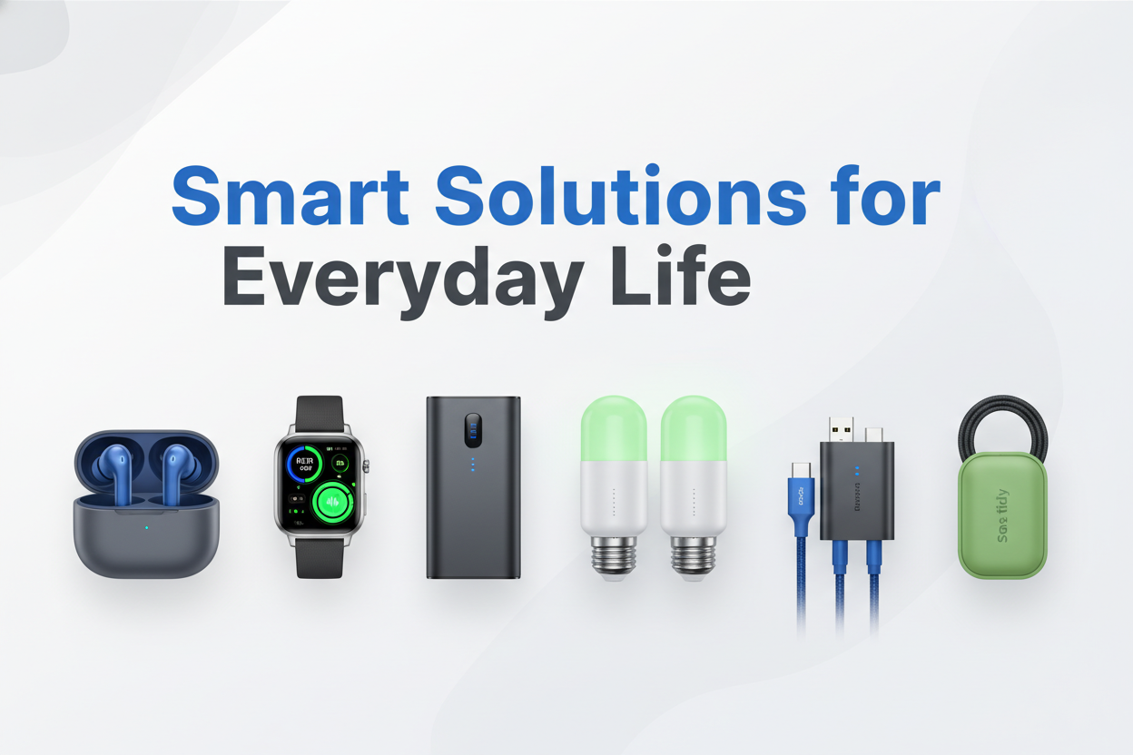 ChatGPT said:

Create a clean, modern Shopify banner for a store selling gadgets, problem-solving, trending, time-saving, and energy-saving products. Use a light background with blue, grey, and green accents. Highlight innovative gadgets with text like “Smart Solutions for Everyday Life.” Keep the design minimal, futuristic, and visually balanced, optimized for a 1920×600 px layout.